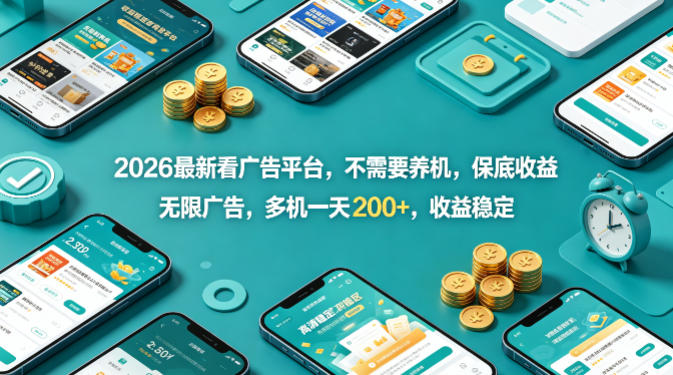 2026最新看广告平台，不需要养机，保底收益，无限广告，多机一天200+，收益稳定_乐帮资源库