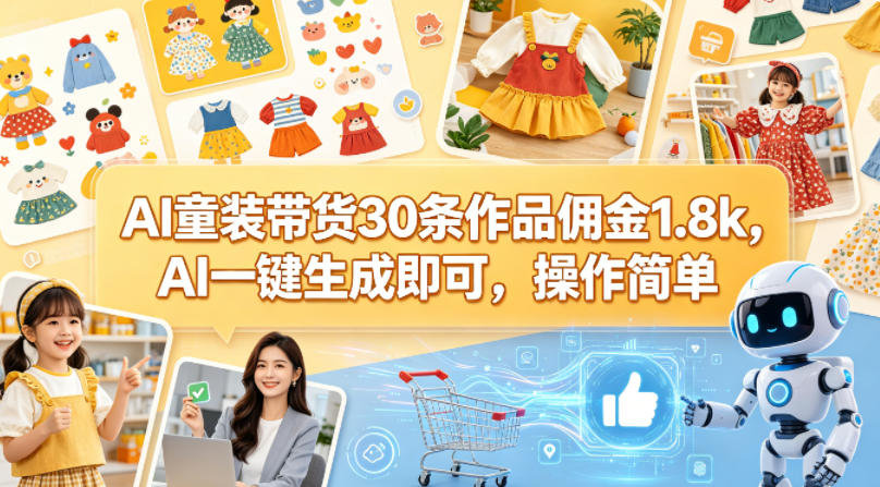 AI童装带货30条作品佣金1.8k，AI一键生成即可，操作_乐帮资源库