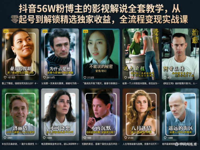 抖音56W粉博主的影视解说全套教学，从零起号到解锁精选独家收益，全流程变现实战课_乐帮资源库