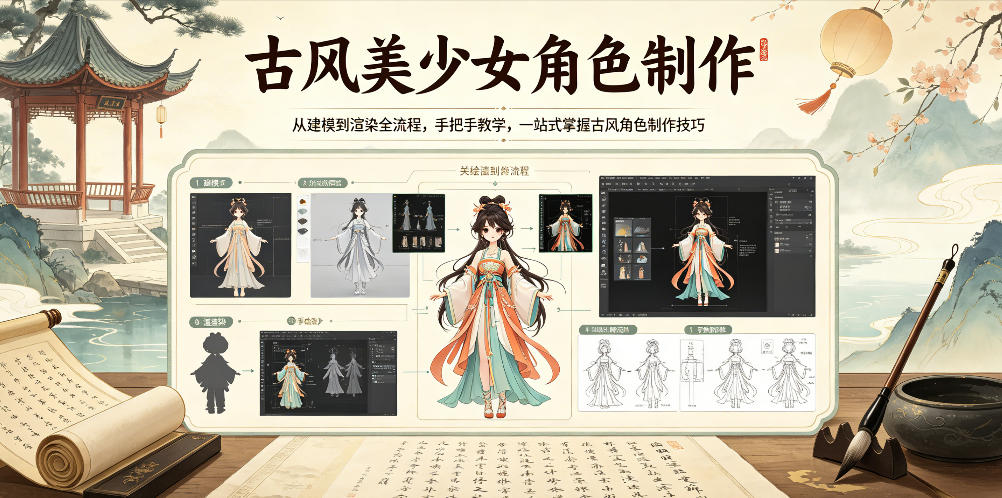 古风美少女角色制作,从建模到渲染全流程,手把手教学,一站式掌握古风角色制作技巧(0524)_乐帮资源库