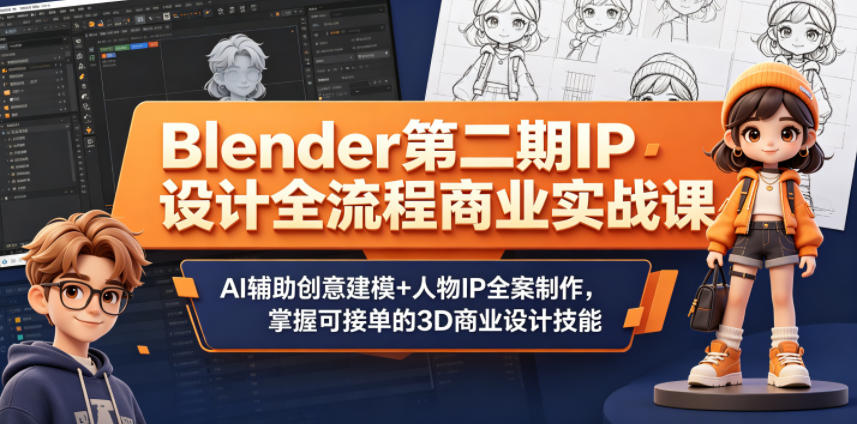 Blender第二期IP设计全流程商业实战课，AI辅助创意建模+人物IP全案制作，掌握可接单的3D商_乐帮资源库