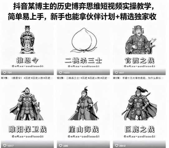 抖音某博主的历史博弈思维短视频实操教学，易上手，新手也能拿伙伴计划+精选独家收益_乐帮资源库